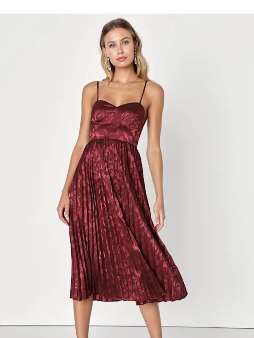 Lulu's Chic Sensibility Burgundy Satin Jacquard Pleated Midi Dress